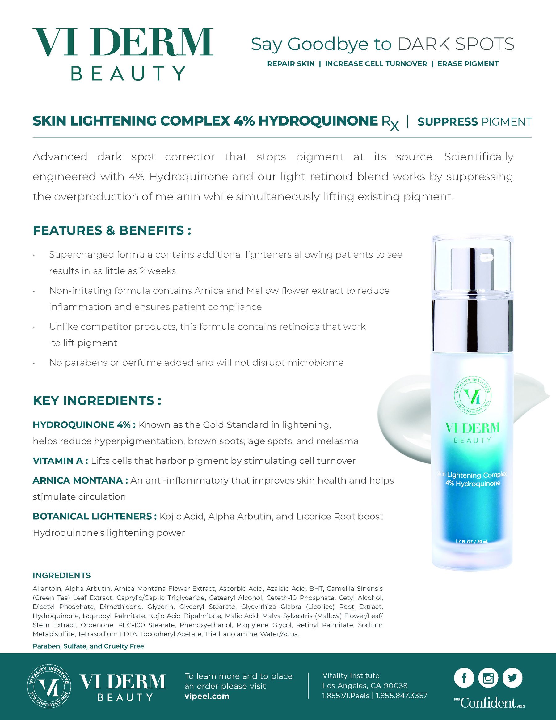 VI Derm Beauty Skin Lightening Complex 4% Hydroquinone Sales Sheet