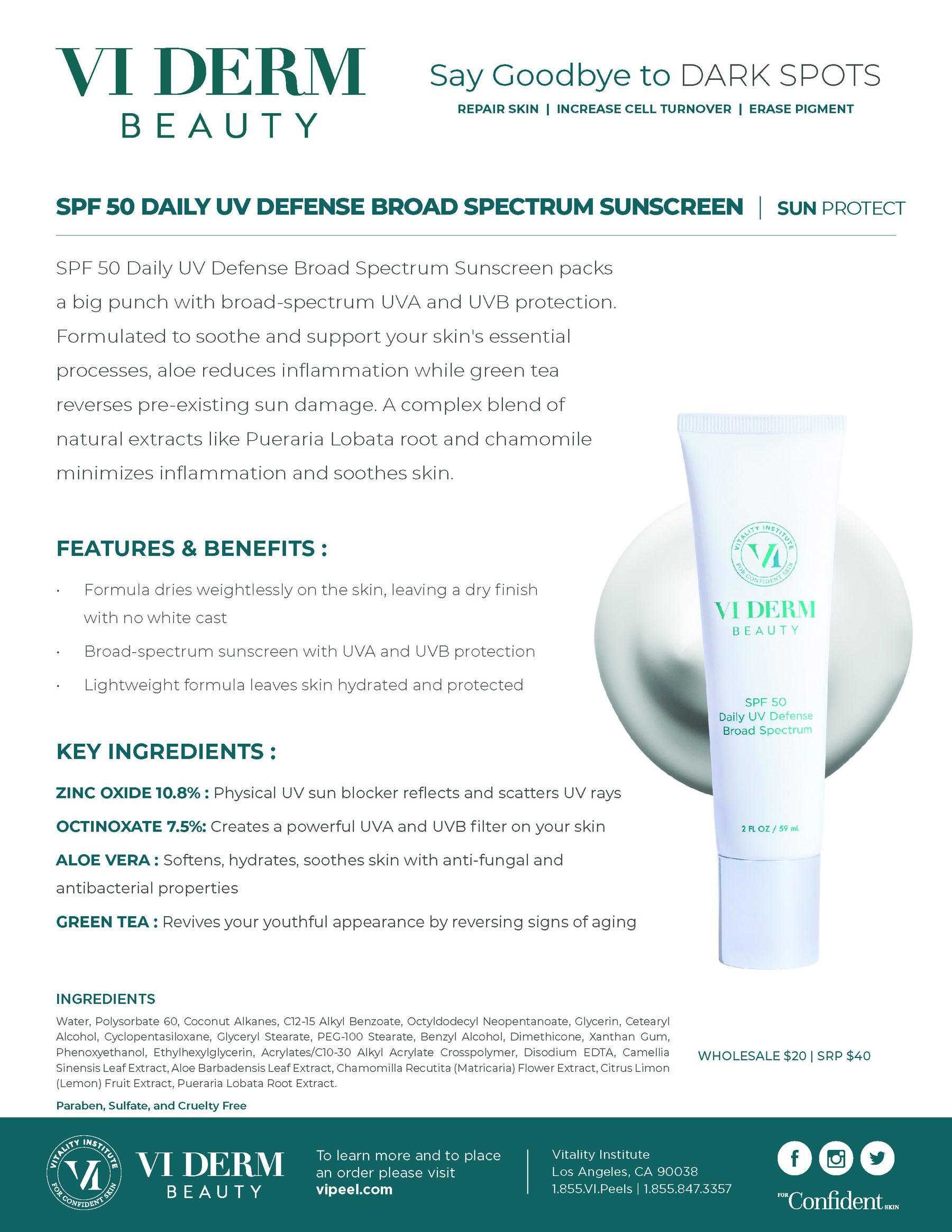 VI Derm Beauty SPF 50 Sunscreen Sales Sheet